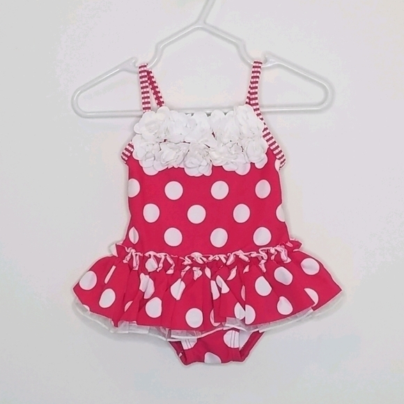Little Me Polka Dot Ruffle Flower Swimsuit 6-9m - Picture 1 of 4